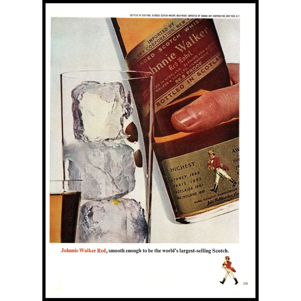 1965 Johnnie Walker Red Label Scotch Vintage Print Ad Ice Cubes Bottle Wall Art